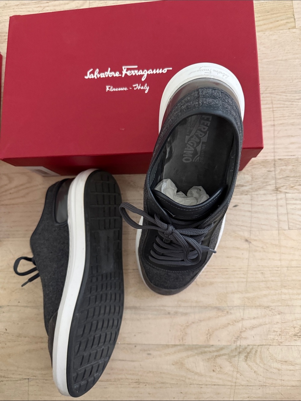 Salvatore Ferragamo Men’s Gray Leather and Suede Sneaker with White Sole - Picture 5 of 5